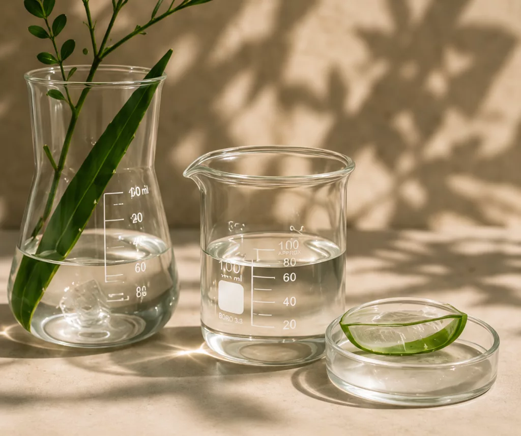Verrerie de laboratoire et feuille d’aloe vera sur fond beige