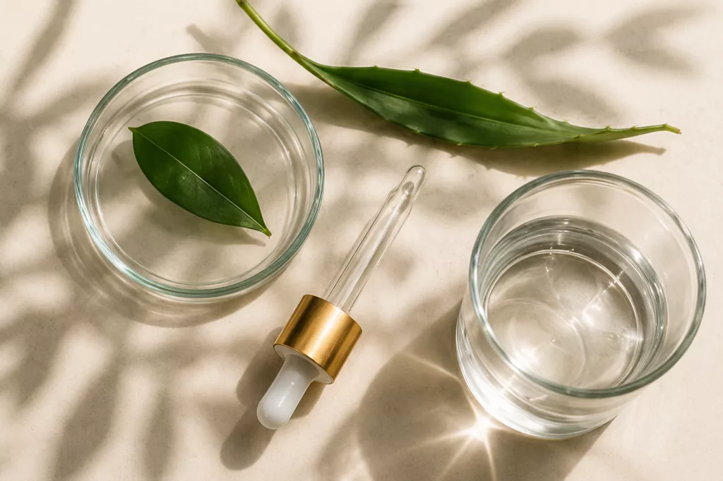 Pipette dorée, boîte de Petri et feuille végétale, symboles de la formulation cosmétique