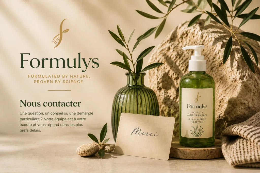 Nous contacter : flacon Formulys, plantes et carte posés sur une pierre
