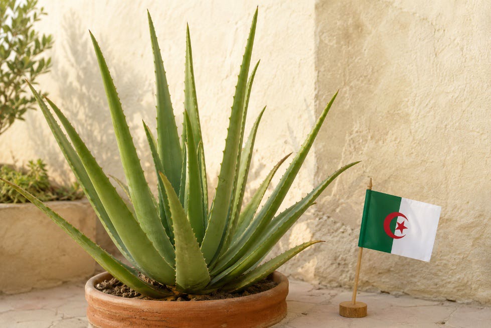 Plante d’aloe vera en pot avec un petit drapeau algérien