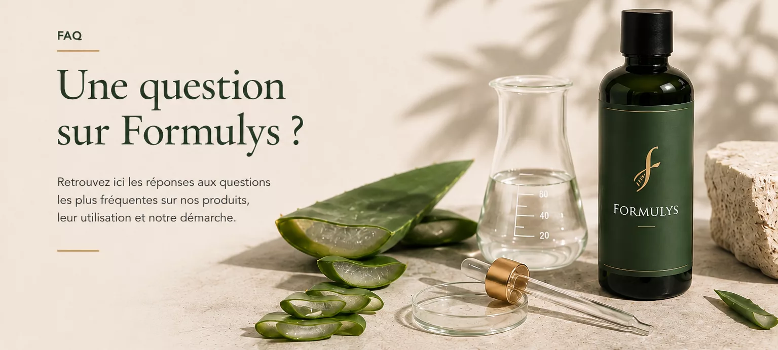 FAQ – Une question sur Formulys ? Flacon Formulys, verrerie de laboratoire et feuille d’aloe vera