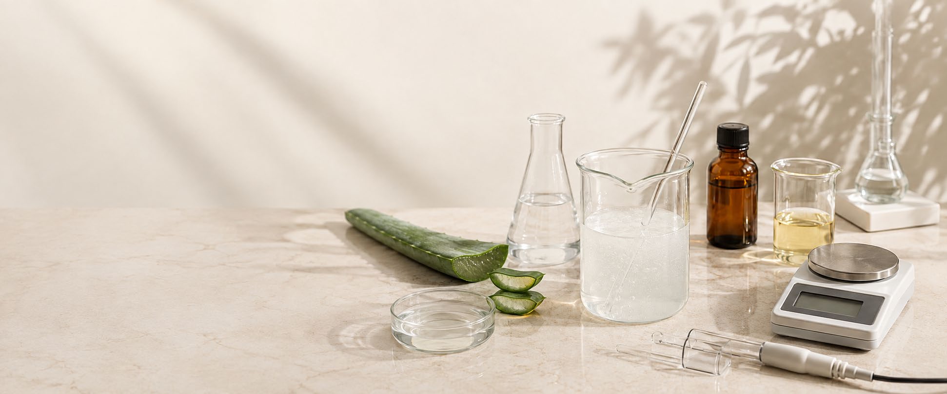 Aloe véra coupé et matériel de laboratoire (béchers, pipette, balance de précision) pour la formulation cosmétique