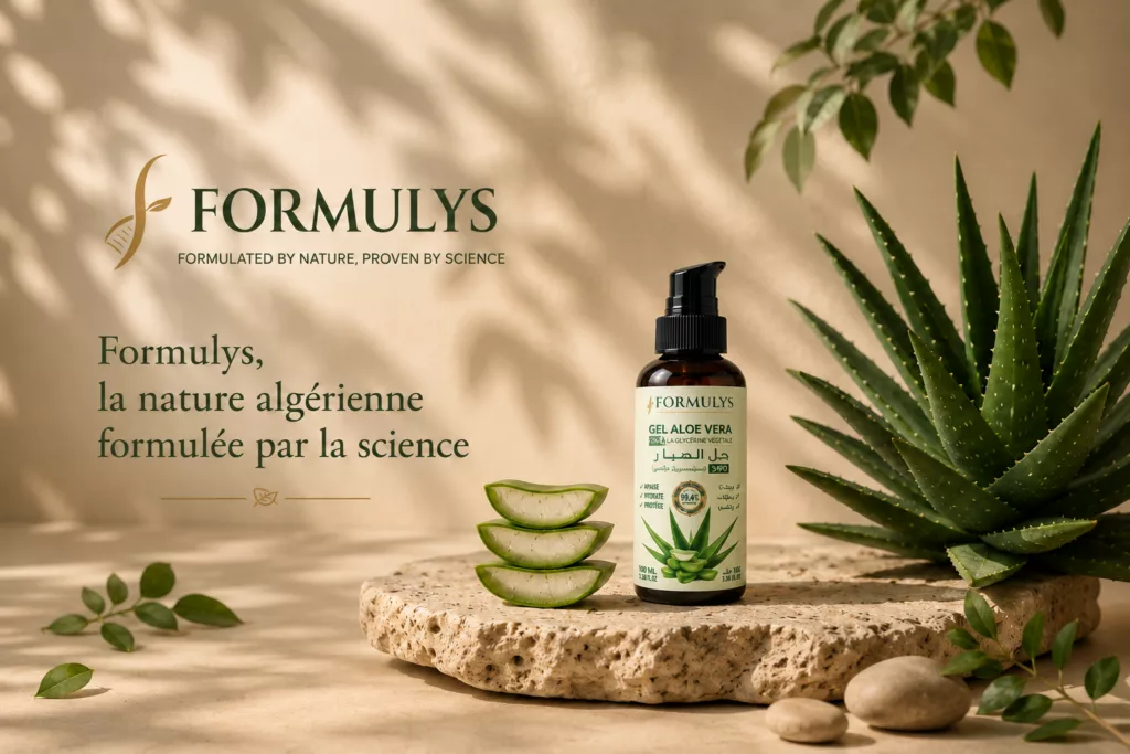 Formulys, la nature algérienne formulée par la science : flacon de gel aloe vera et plants d’aloe vera